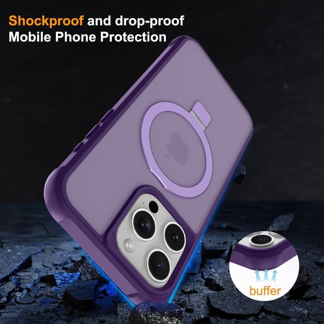 Detalle de CHAOFEnG Magnetic iPhone 16 Pro Case with Metal Ring Stand (Purple) — Military-Grade Drop-Tested, Magnet Compatible