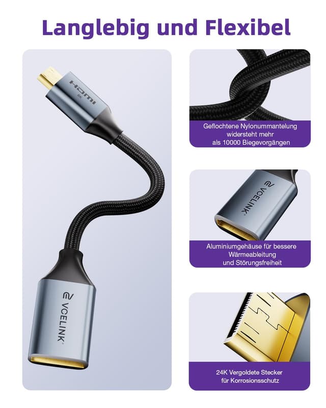 Detalle de VCELINK 8K Mini-HDMI auf HDMI 2.1 Adapter (2.1) – 8K@60 Hz / 4K@120 Hz, vergoldeter Mini-HDMI-Stecker, 18 cm Kabel