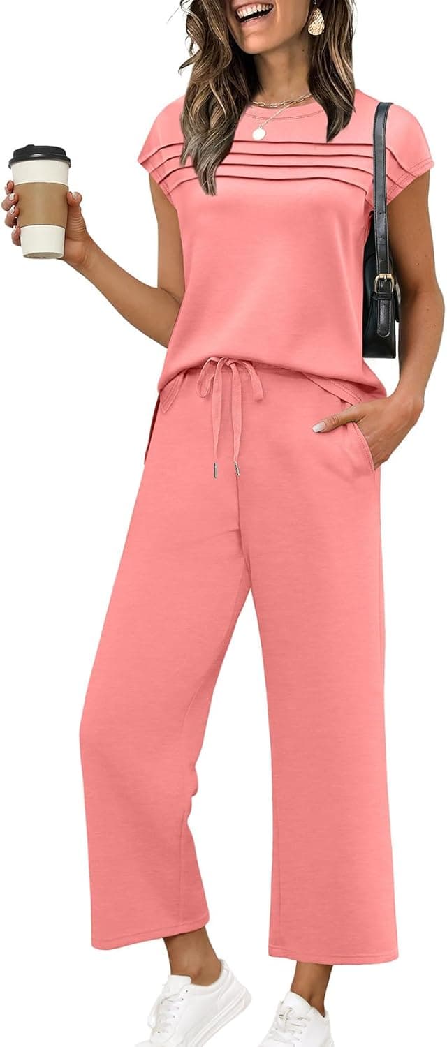 Detalle 2 de WIHOLL Two-Piece Lounge Set for Women (Cap Sleeve Top + Wide-Leg Crop Pants), S–3XL