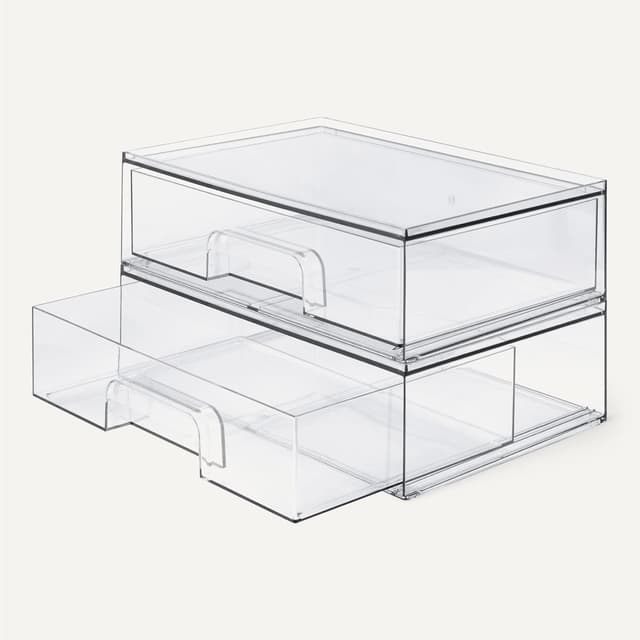 Detalle de Amazon Basics stapelbare Aufbewahrungsschubladen aus Kunststoff (transparent), 2er-Set – Make-up-Organizer