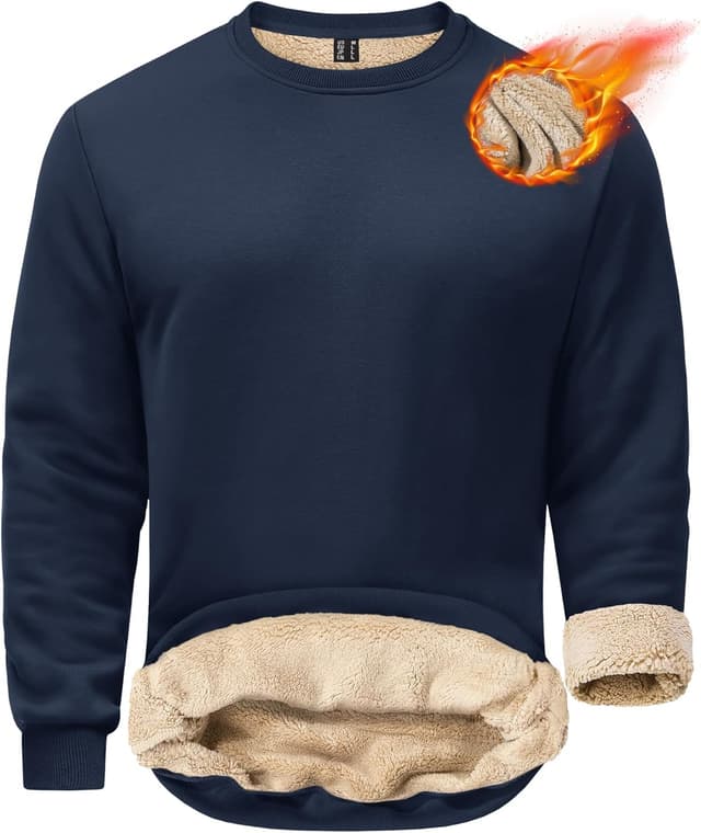 Detalle de EKLENTSON men’s winter fleece sherpa crewneck sweatshirt (no hood) in cotton blend