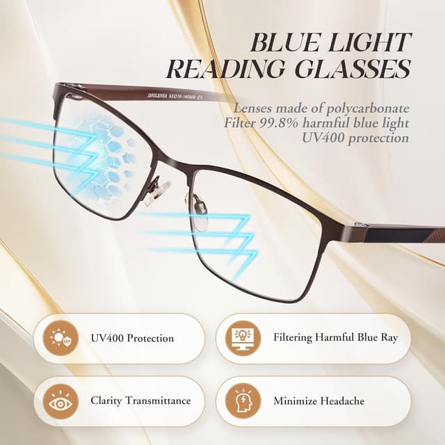 Detalle de DJOLENSA 3er-Pack Lesebrillen für Männer mit Blaulicht-Filter (Metallrahmen, Federscharnier) – Stärke +2.0