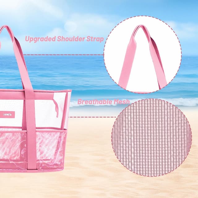 Detalle de Aitann Women’s Large Clear Beach Tote Bag with Zip (Waterproof Mesh) – Pink, 63x34x20cm