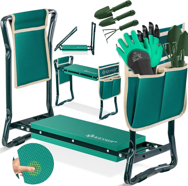 Detalle de KESSER® 2-in-1 XXL Kniebank für Gartenarbeit (klappbar) mit Werkzeugtaschen und Handschuhen