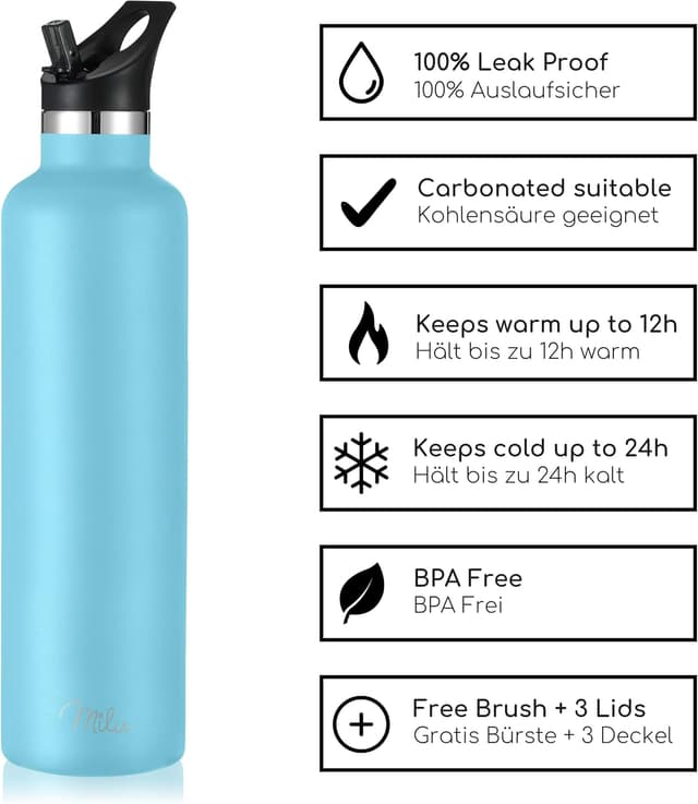 Thumbnail 3 de Milu Edelstahl-Trinkflasche mit Strohhalm, doppelwandig vakuumisoliert (350/500/750/1000 ml) – 100 % dicht, auslaufsicher