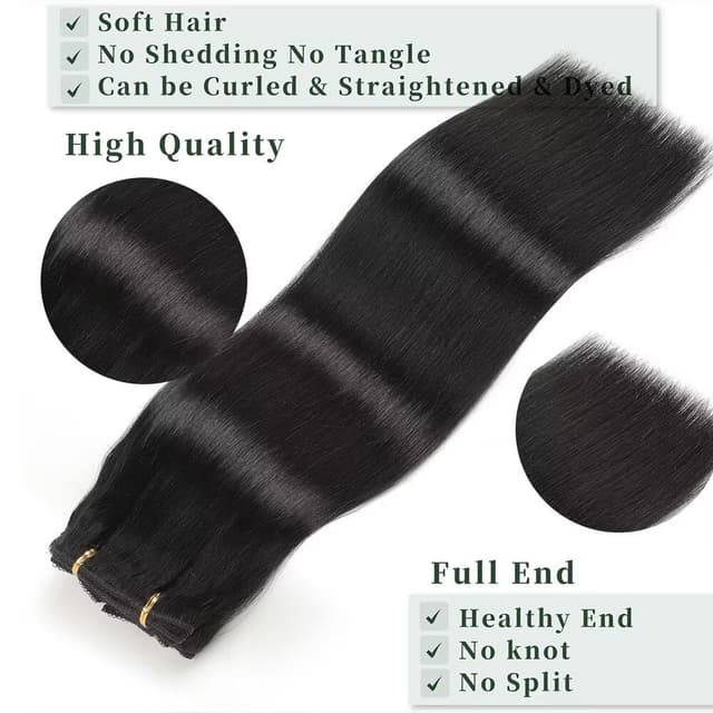 Detalle de GUDOZO Clip-in Echthaar Extensions 35 cm natürliches Schwarz (1B#) – 7-teilig, Skin Weft