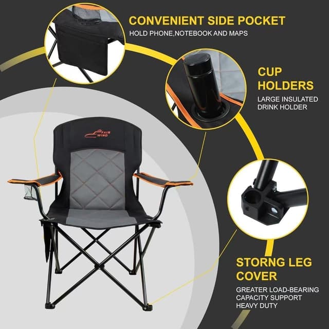 Detalle de FAIR WIND 2 Pack Fully Padded Camping Chairs (350LBS) with Cup Holder & Side Pocket