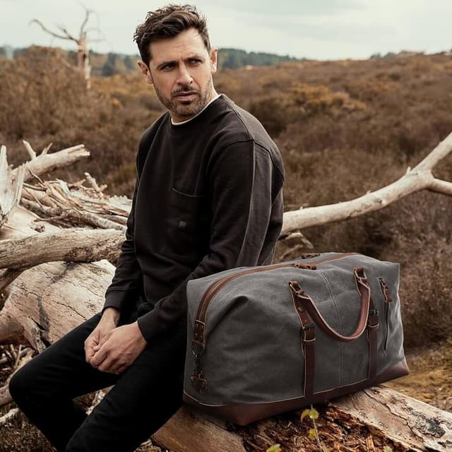 Detalle 2 de S-Zone Sac de voyage 52–55 l Vintage Canvas Crazy Horse cuir trim unisexe (54 x 23 x 42 cm env.)