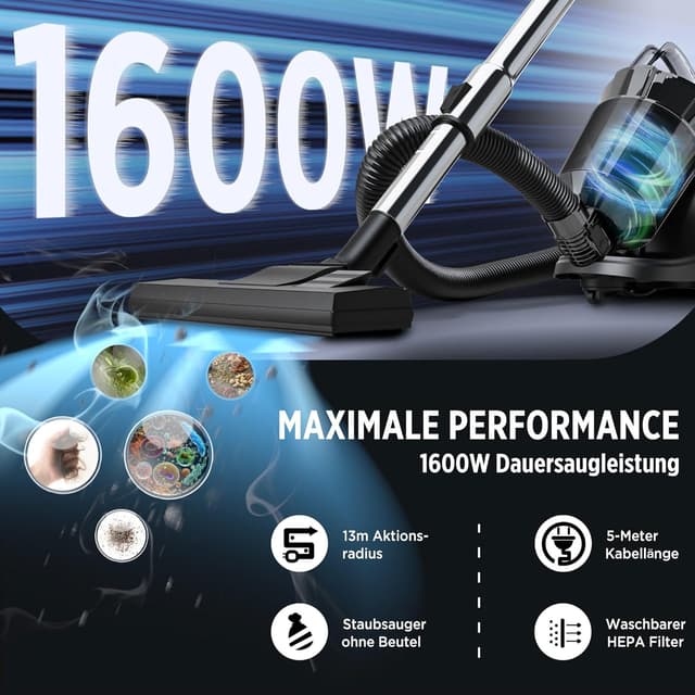 Detalle de OYLCDI beutelloser Bodenstaubsauger 1600 W (70 dB) mit HEPA-Filter und 5 m Kabel, 2,2 l Staubbehälter