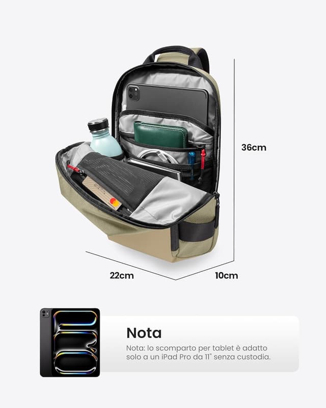 Detalle 2 de tomtoc Compatta EDC Sling Bag minimalista per Nintendo Switch e iPad fino a 11" (Cachi/Verde)