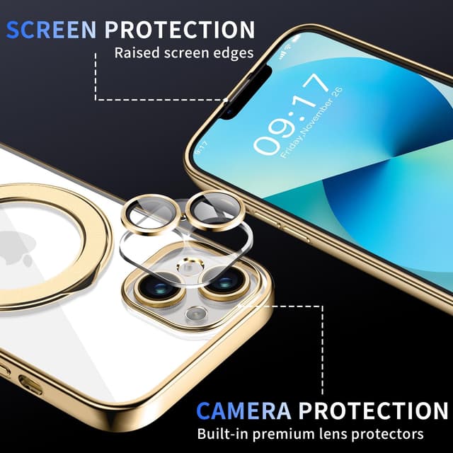 Detalle de Pmteyoim Magnetic iPhone 13 Case with Invisible Stand, Full Camera Lens Protector & Military Drop Protection (Clear Slim Gold)