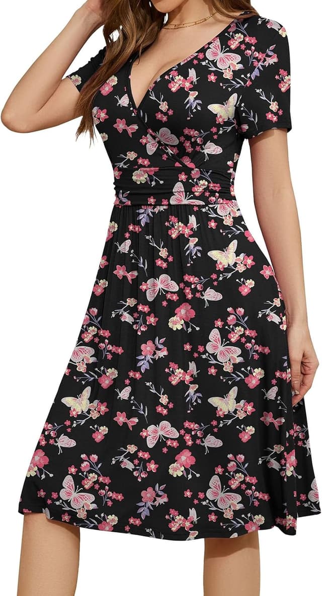 Detalle de WEACZZY Floral V-Neck Wrap-Style Short-Sleeve Casual Dress with Pockets