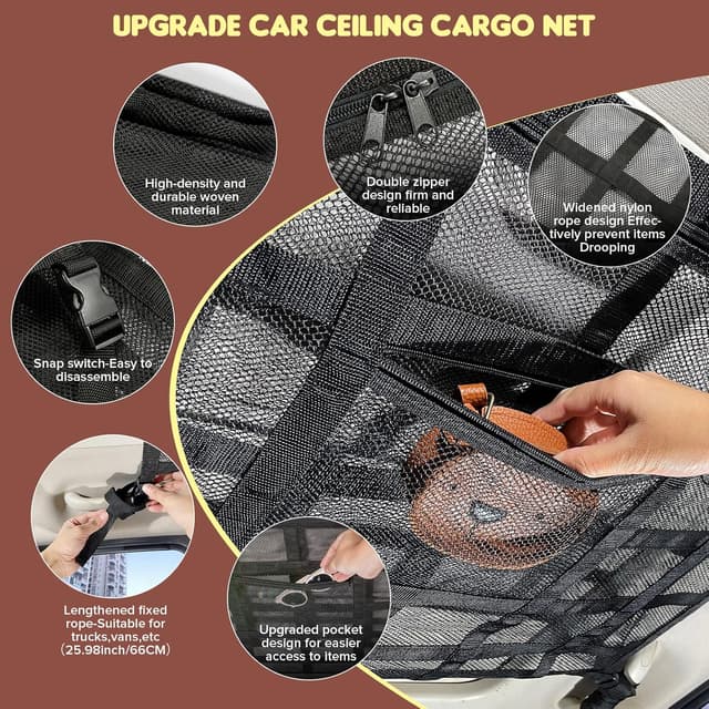 Detalle 2 de Kaskawise SUV Car Ceiling Cargo Net Pocket (35.4" x 23.6") for Four-Handle Vehicles