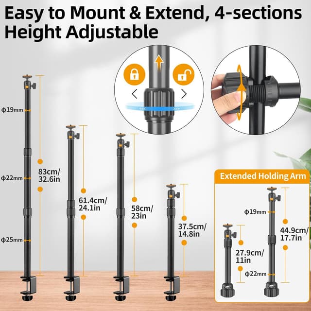 Detalle 2 de JEBUTU OS03 Overhead Camera Mount with Adjustable Desk Clamp & 360° Ball Heads