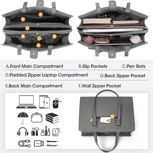 Detalle de NEWHEY Handtasche/Shopper Damen für Laptop bis 15,6 Zoll (PU-Leder, grau) – Umhängetasche für Arbeit & Schule