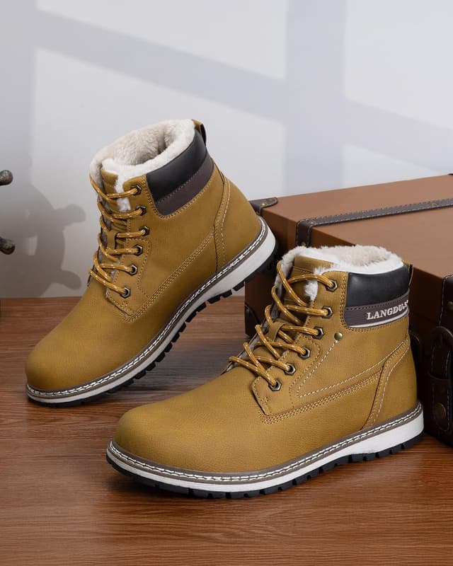 Detalle 2 de Bottes d’hiver homme en cuir synthétique LANGDU fourrure chaude, semelle antidérapante et lacets (41–46 EU)