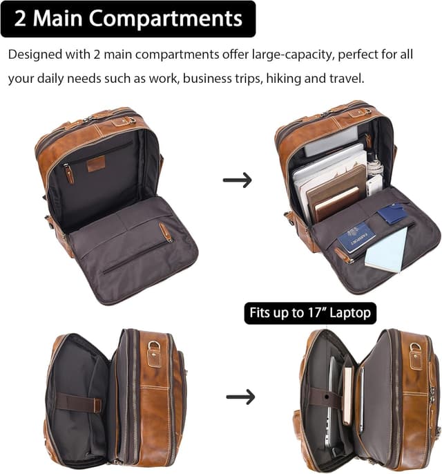 Detalle 2 de LANNSYNE vintage genuine leather backpack (expandable, 2 in 1 briefcase) for a 17” laptop