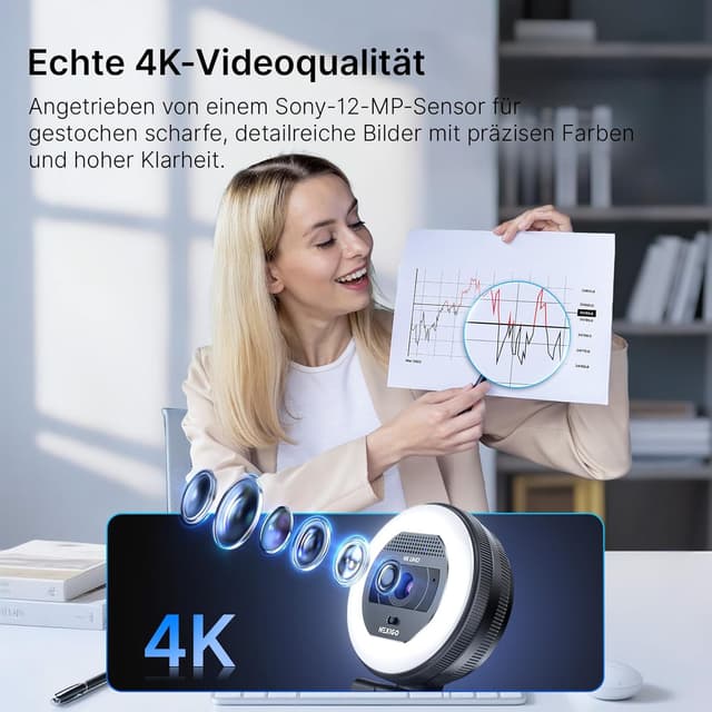 Detalle de NexiGo N930E Pro 4K-Webcam mit Ringlicht, PDAF-Autofokus und Dual-Mikrofon