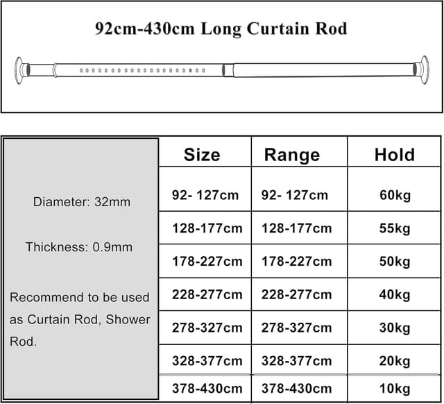 Detalle de Tringle à rideau télescopique 328–377 cm sans perçage, tige acier inox 32 mm (blanc) 92-430