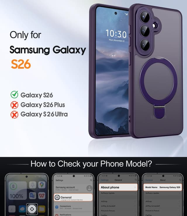 Detalle 2 de JAME Samsung Galaxy S26 case with 2-pack screen protectors, MagSafe-compatible magnetic stand (Violet)