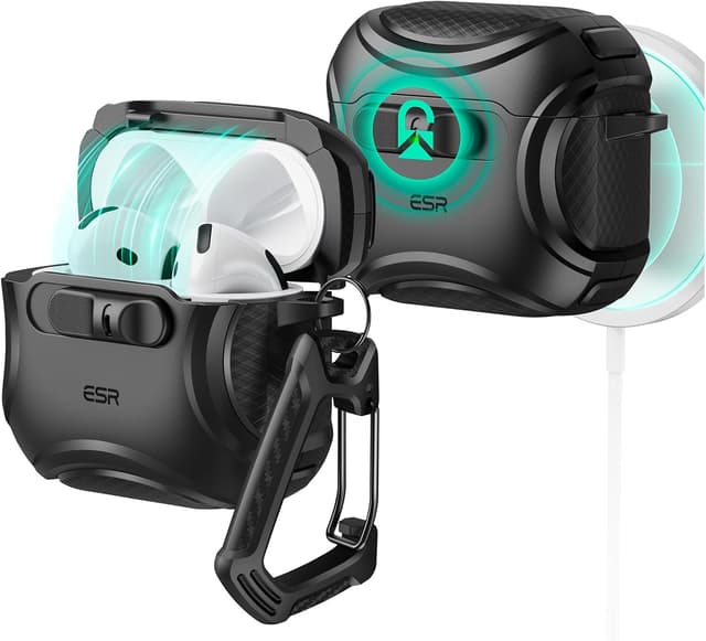 Detalle de ESR AirPods 4 Case (Cyber Series) with MagSafe support, drop protection strap and Find My speaker cutouts