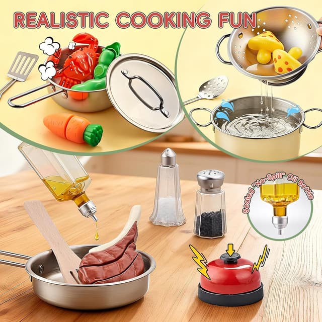 Detalle de Großes Spielküchen-Zubehör aus Edelstahl: 63-teiliges Kinder-Koch- & Schneideset mit Spiel-Lebensmitteln