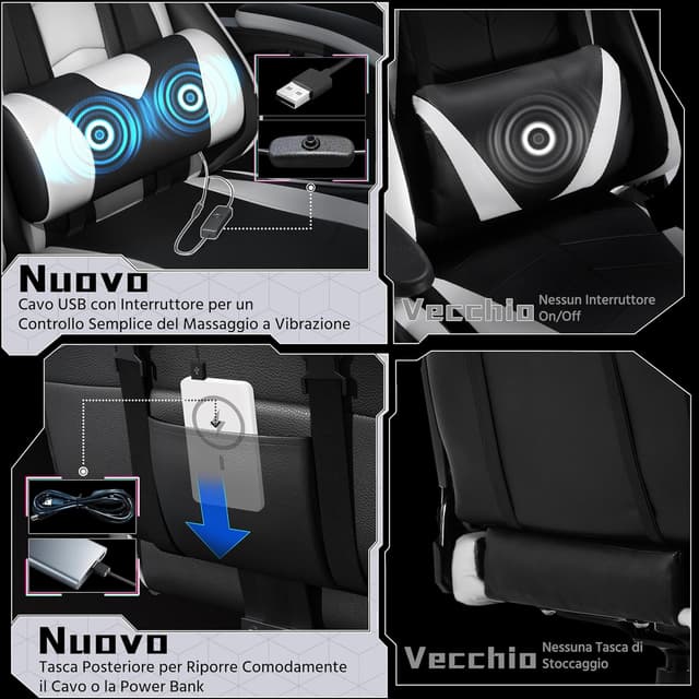 Detalle 1 de Yaheetech sedia da gaming ergonomica massaggiante con poggiapiedi reclinabile e supporto lombare