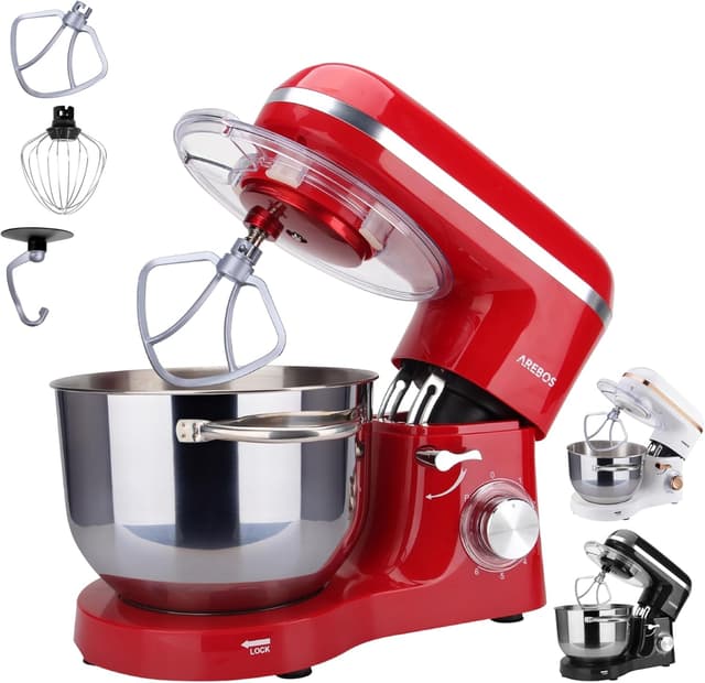 Detalle de Arebos Küchenmaschine 1500 W mit 6-L-Edelstahlschüssel (rot) – Planetenrührsystem & 6 Geschwindigkeiten