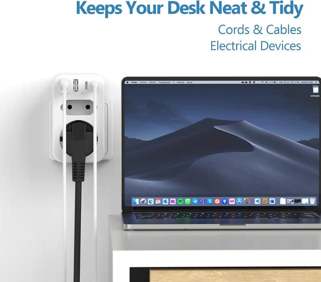 Detalle de JSVER Multi-Socket Power Strip 3680W con 1 presa Schuko, 1 presa europea e 4 porte USB (2×USB-A + 2×USB-C), bianco