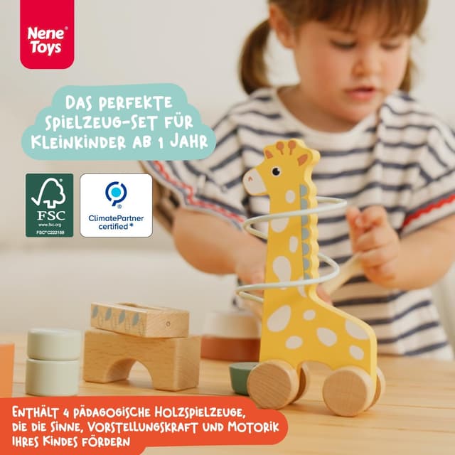 Detalle 2 de Nene Toys Montessori Holzspielzeug 4-in-1 Set ab 1 Jahr (Klangbausteine, Regenmacher, Stapelturm & Giraffen-Labyrinth)