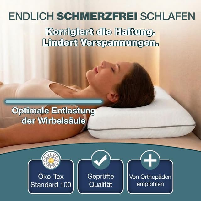 Detalle 2 de Nachtengel ergonomisches Kopfkissen 40x60 aus Memory Foam mit Nackenstütze (40×60, weiß) – 12 cm Höhe, Oeko-TEX