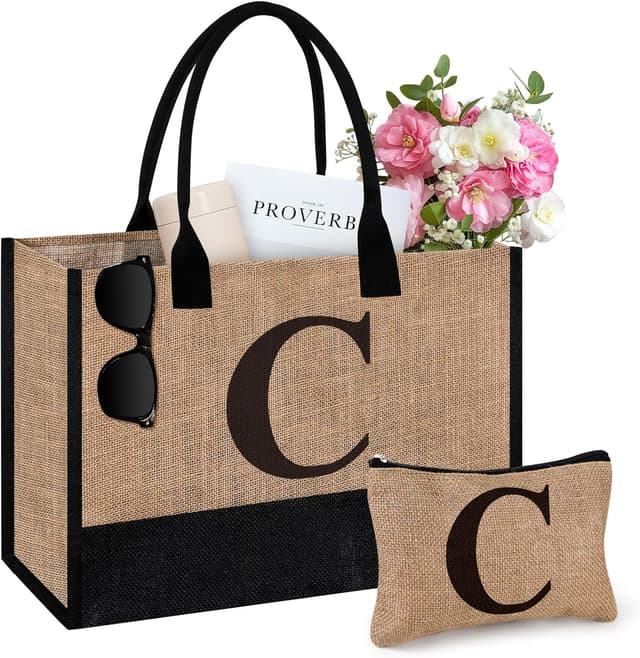 Detalle de Initial Jute Tote Bag & Makeup Bag Gift Set for Women – Personalised Two-Piece Tote and Pouch