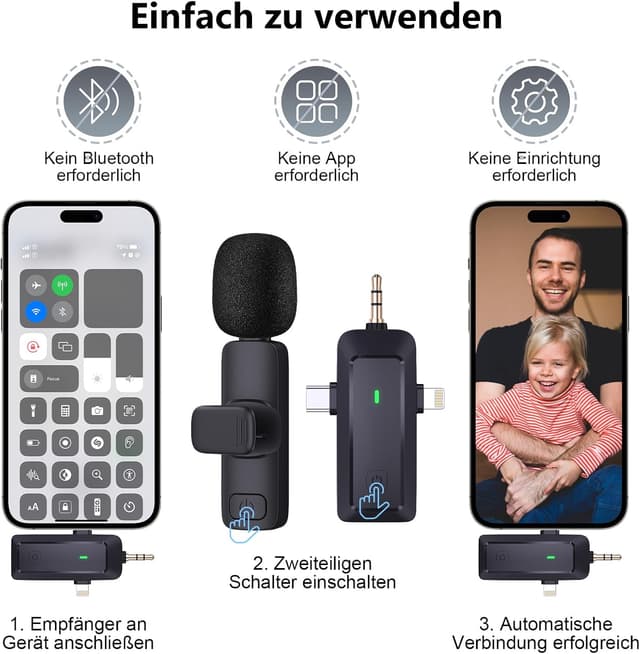 Detalle de QINOJA Wireless Lavalier Mikrofon 4-in-1 für iPhone, Handy, Kamera und Computer – kabelloses Ansteckmikrofon