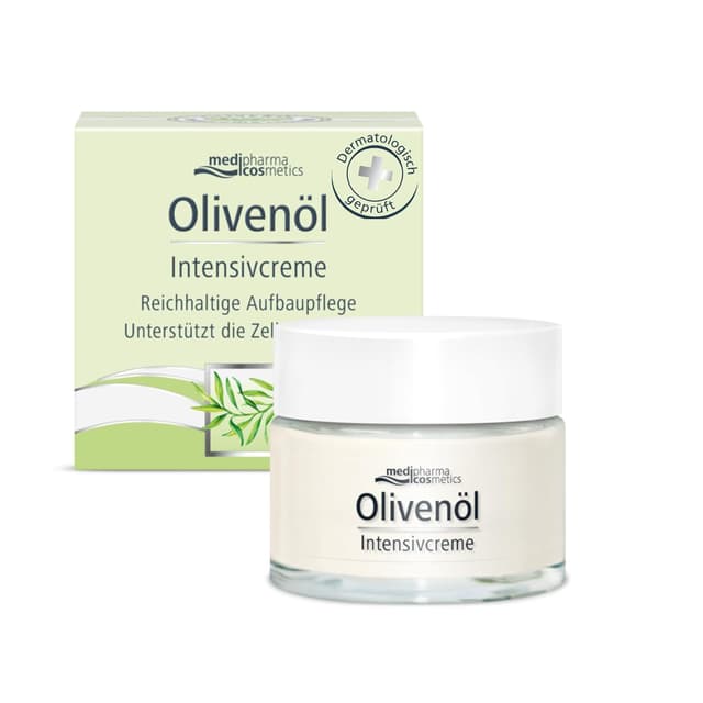 Detalle de medipharma cosmetics Olivenöl Intensivcreme – reichhaltige Gesichtscreme mit kaltgepresstem Olivenöl, Vitamin A & E (50 ml)