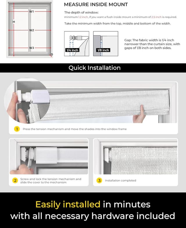 Detalle 2 de UNISHADES No-Tools, No-Drill Cordless Roman Shades (100% Blackout) for Inside Mount, 32" W × 64" H, White