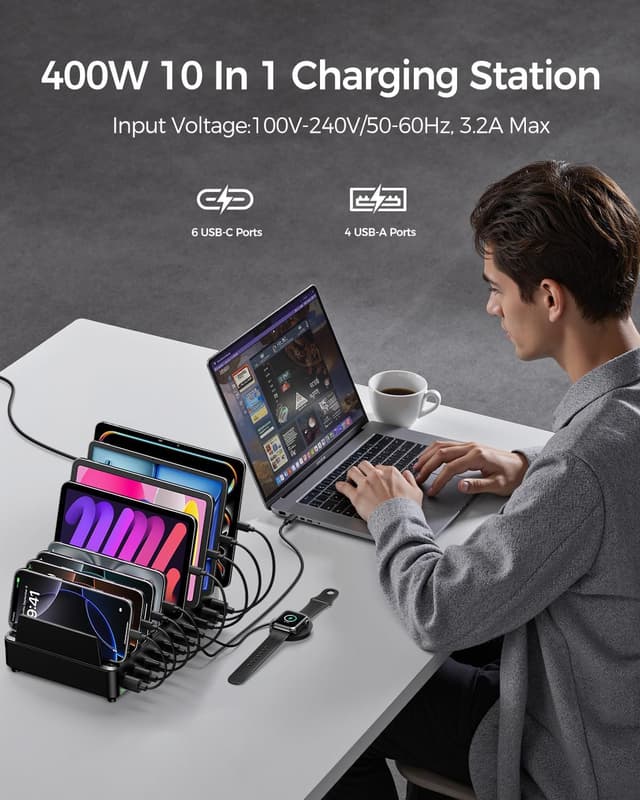 Detalle 2 de 400W 10-Port Charging Station with Dual 100W PD