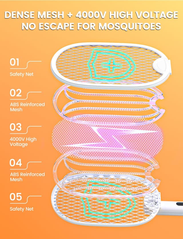 Detalle de WOCVRYY 4000V Electric Fly Zapper Racket (USB-C rechargeable, 1800mAh, foldable)