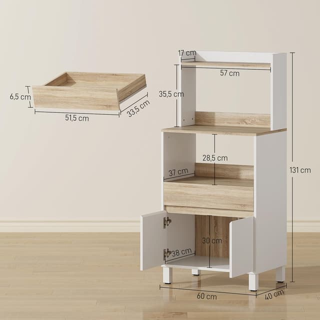 Detalle de HOMCOM Meuble micro-ondes avec buffet et rangement 60 x 40 x 131 cm chêne et blanc