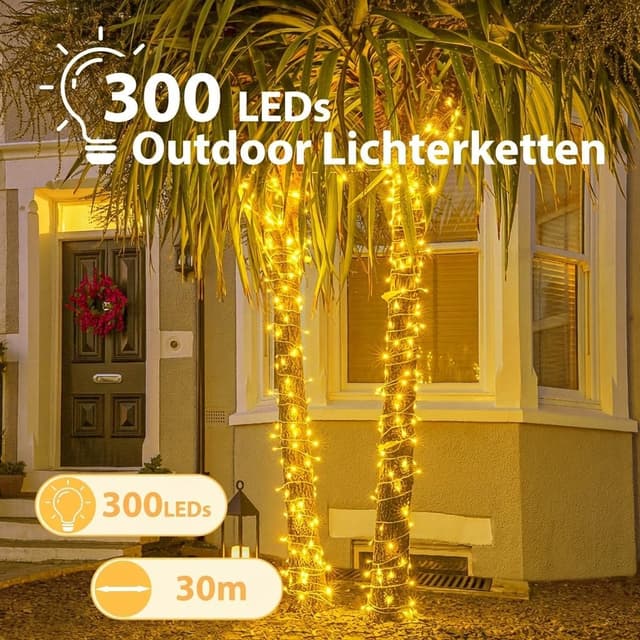Detalle de XmasBokeh LED-Lichterkette Außen 30 m mit 300 warmweißen LEDs, Fernbedienung & Timer (IP44)