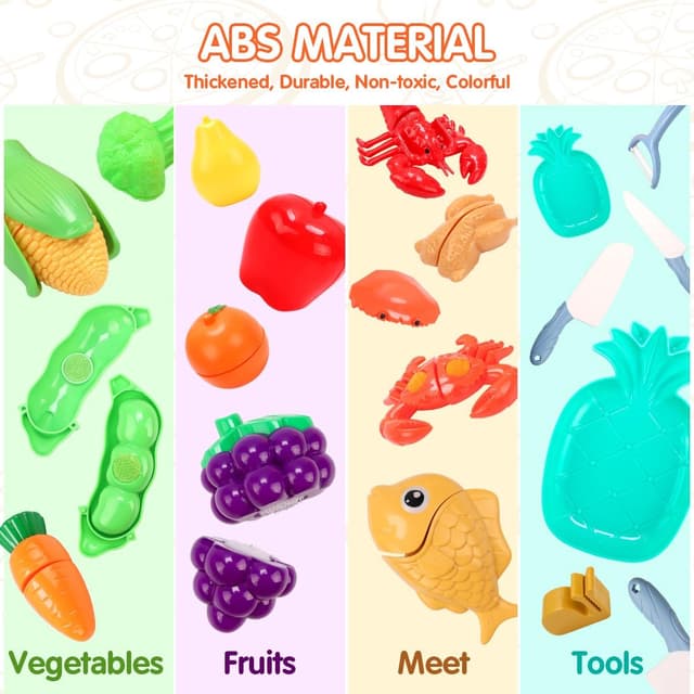 Detalle de 74PCS Pretend Play Food Set for Kids with Cutting Kitchen Toys and Foldable Basket (Age 3+)