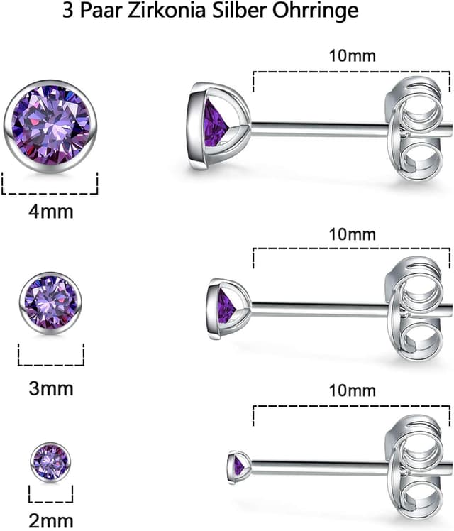 Thumbnail 6 de Damen Ohrstecker aus Sterling Silber 925 – 3er Set Klein mit Zirkonia (2/3/4 mm)