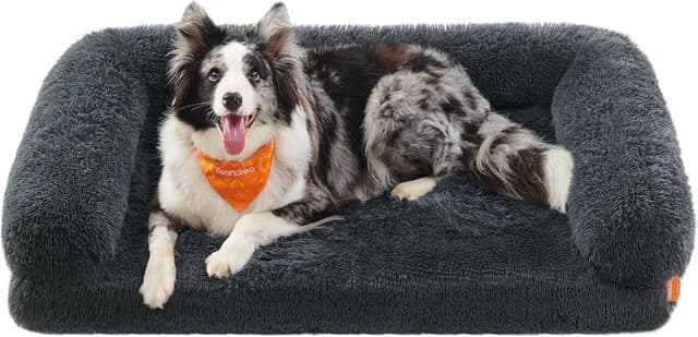 Detalle de Feandrea FluffyHug XL Dog Sofa Bed (Dark Grey) – egg crate foam with removable washable cover, 106 x 76 x 19 cm