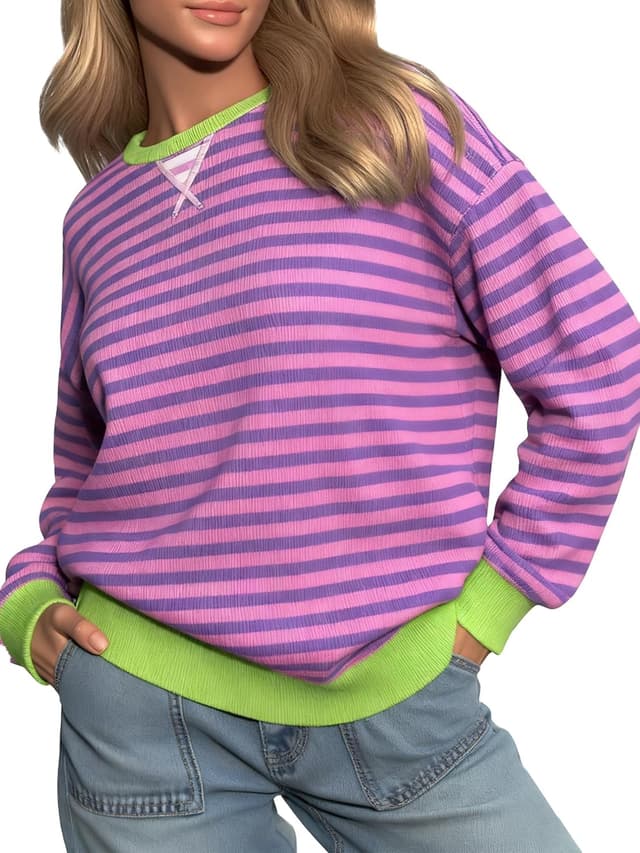 Detalle 2 de Dressmine striped cotton-blend long sleeve sweatshirt top for women (crew neck)