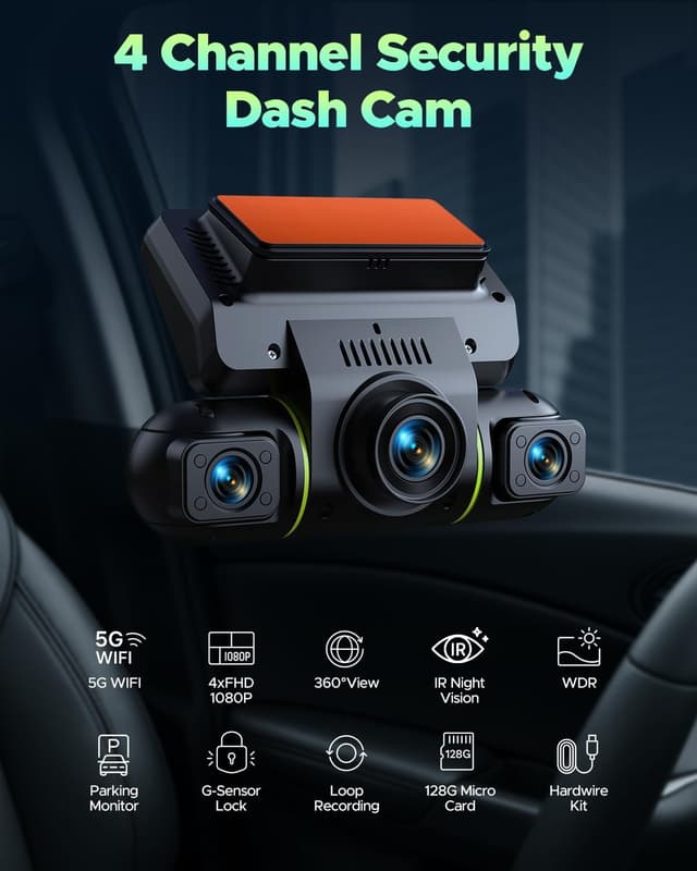 Detalle 2 de LAMTTO 360 Degree View 4-Channel Dash Cam (Front & Rear) with 5G WiFi, 8 IR Night Vision, and Hardwire Kit + 128GB Card