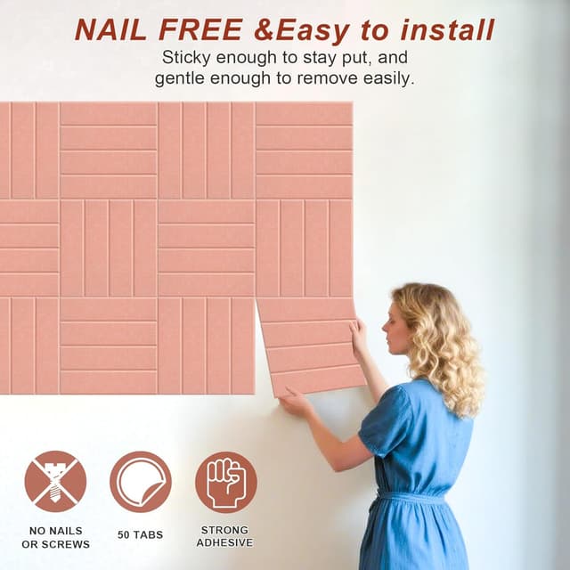 Thumbnail 6 de 12 Pack Felt Cork Board Tiles (120x90cm) with Push Pins & Removable Adhesive Tabs – Pink