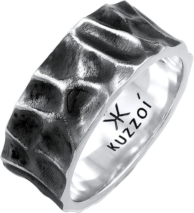 Detalle de Kuzzoi Bague pour homme en argent sterling 925 martelé, large (10 mm) et oxydée, taille 54-66