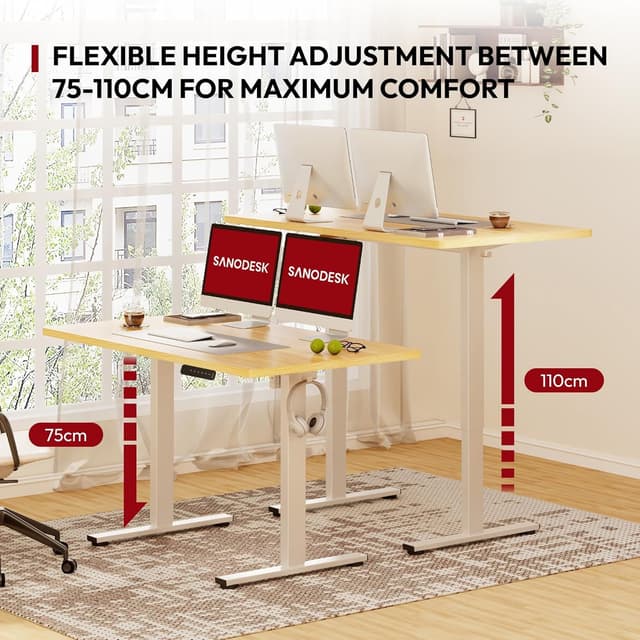 Detalle de SANODESK 120 x 60cm Electric Standing Desk with Memory Hand Controller (White Frame + Maple Desktop)