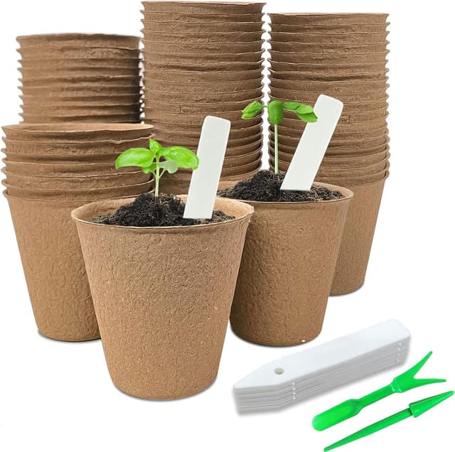 Detalle de 42 Pack Biodegradable Planting Pots (8cm) with Labels & 2 Transplant Tools