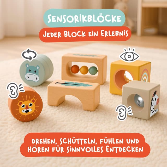 Detalle de Nene Toys Montessori Holzspielzeug 4-in-1 Set ab 1 Jahr (Klangbausteine, Regenmacher, Stapelturm & Giraffen-Labyrinth)