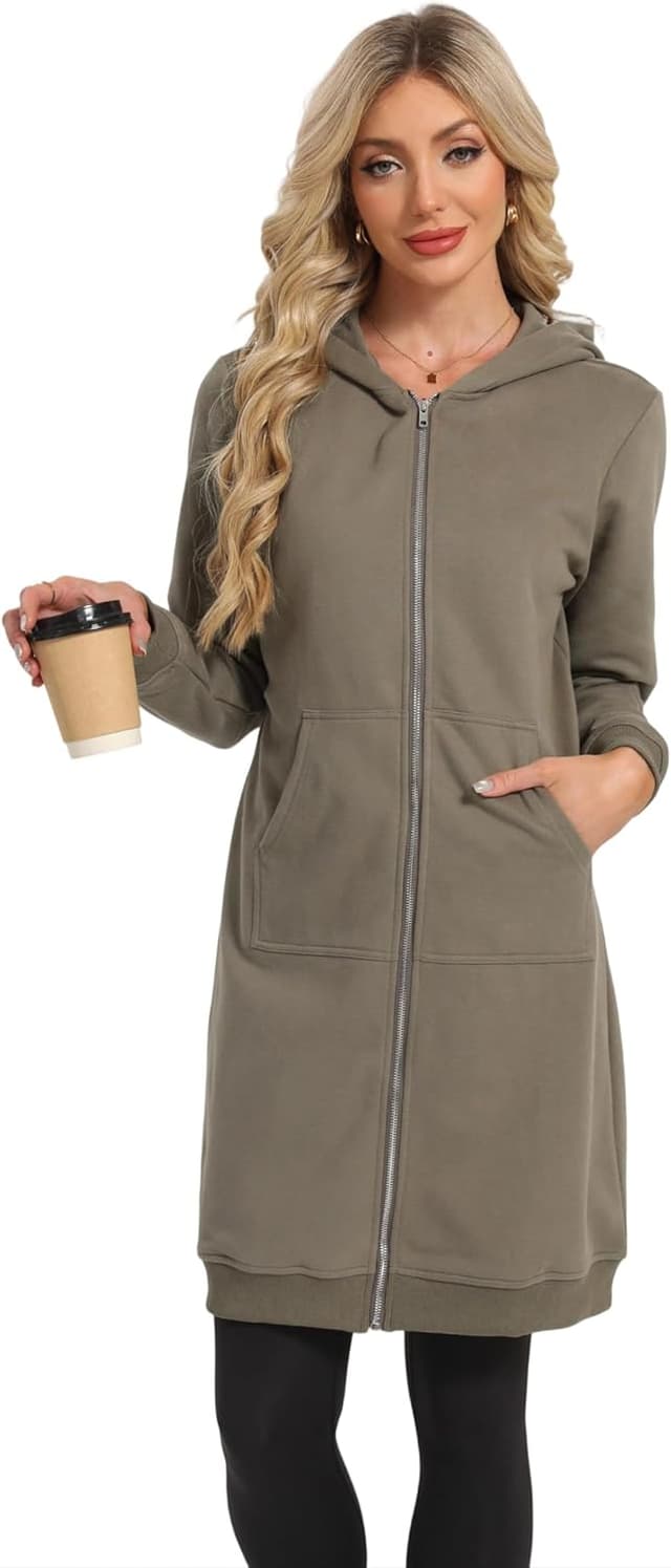 Detalle 1 de Timuspo veste à capuche longue pour femme, coton-polyester, zippée avec poches